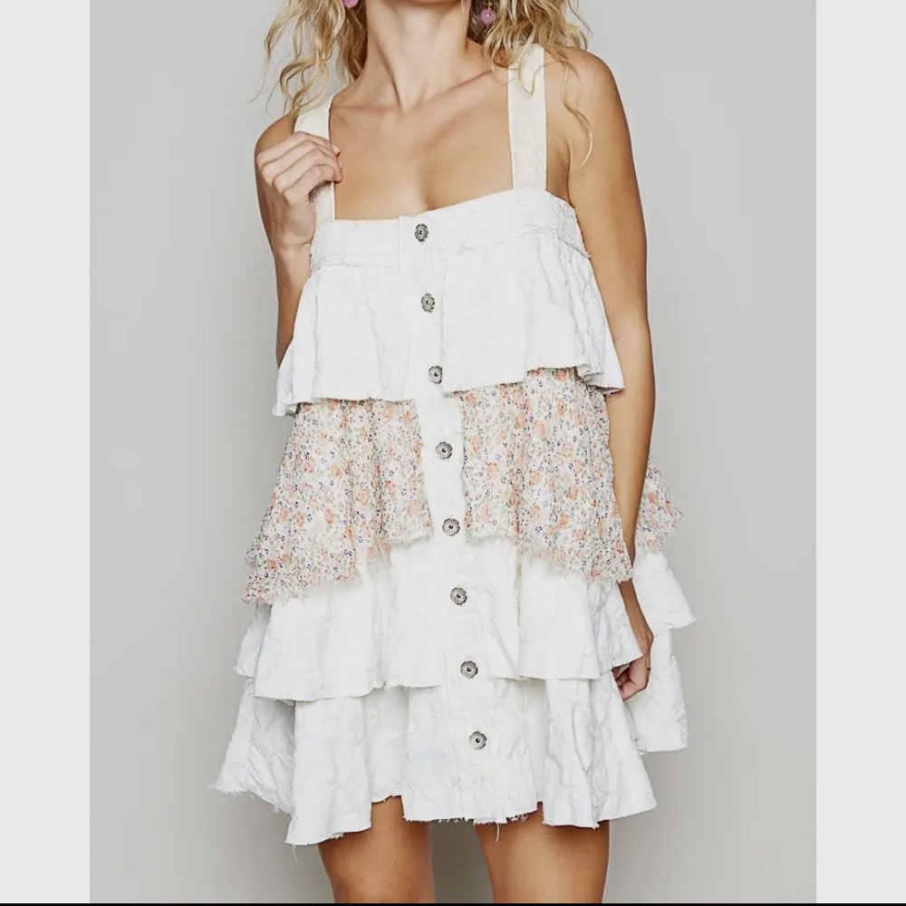 POL White Tiered Mini Dress with Floral Panel - Picture 2 of 3